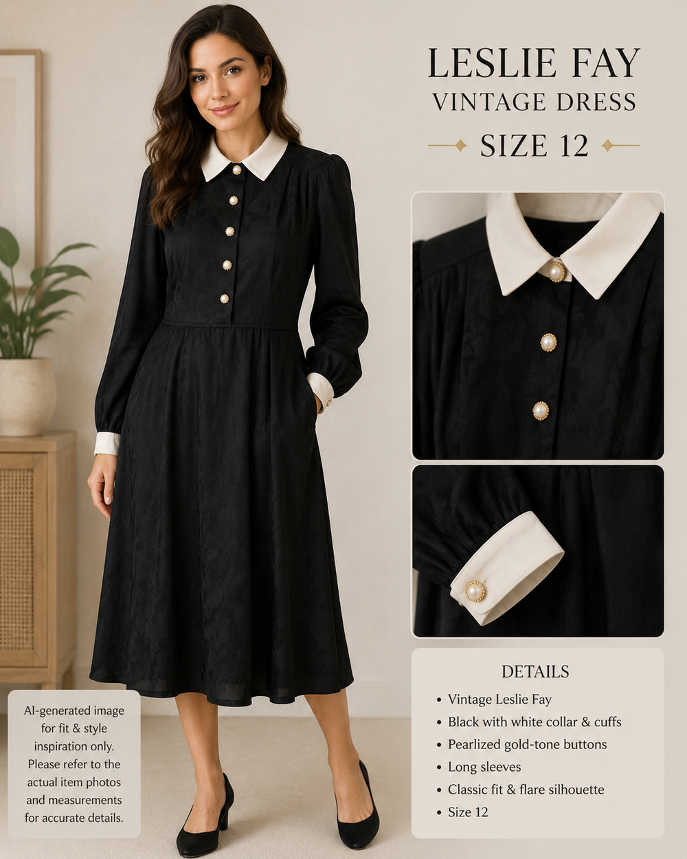 Vintage Leslie Fay Black Jacquard Midi Dress White Collar Women's 12